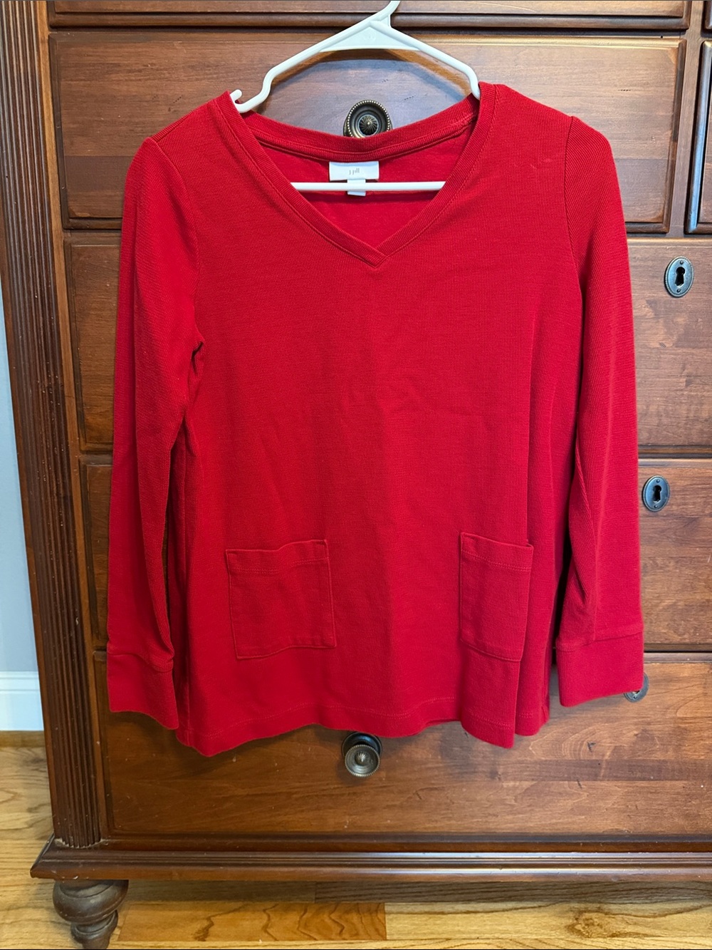 J. Jill Red V-Neck Top with Front Pockets